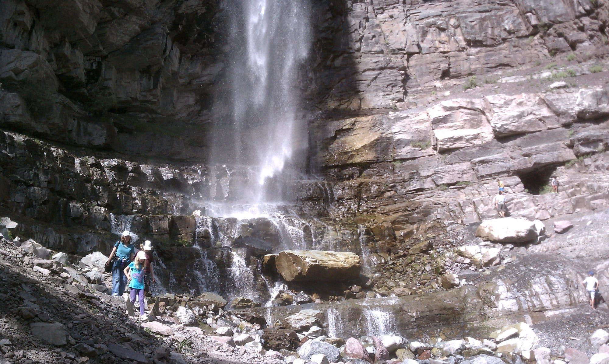Hikers at the base of Cascade Falls