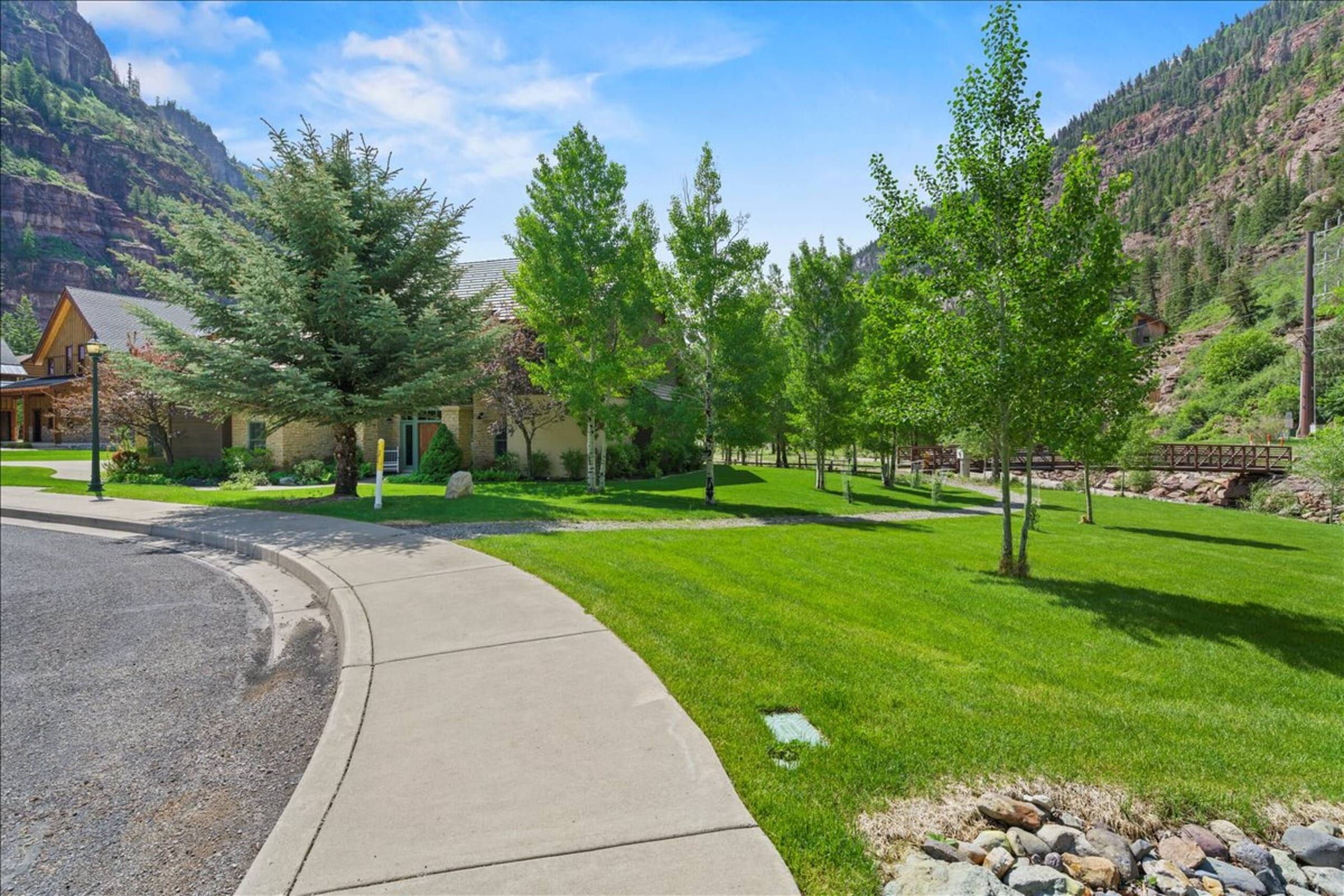 The cul-de-sac, lawn and aspens