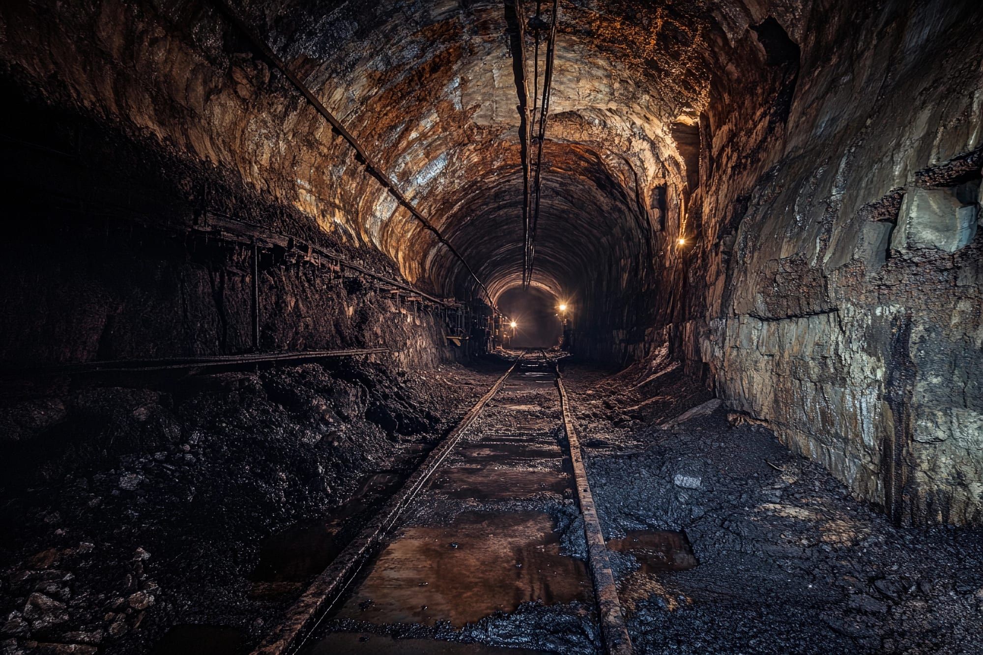 A lit mine tunnel with rails running into the mountain