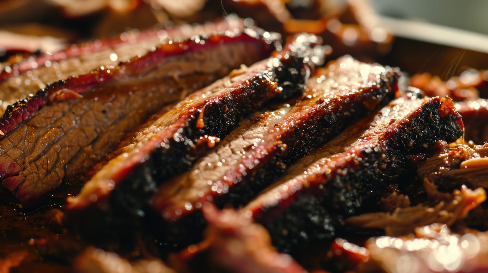 Slices of smoked brisket with a dark crust